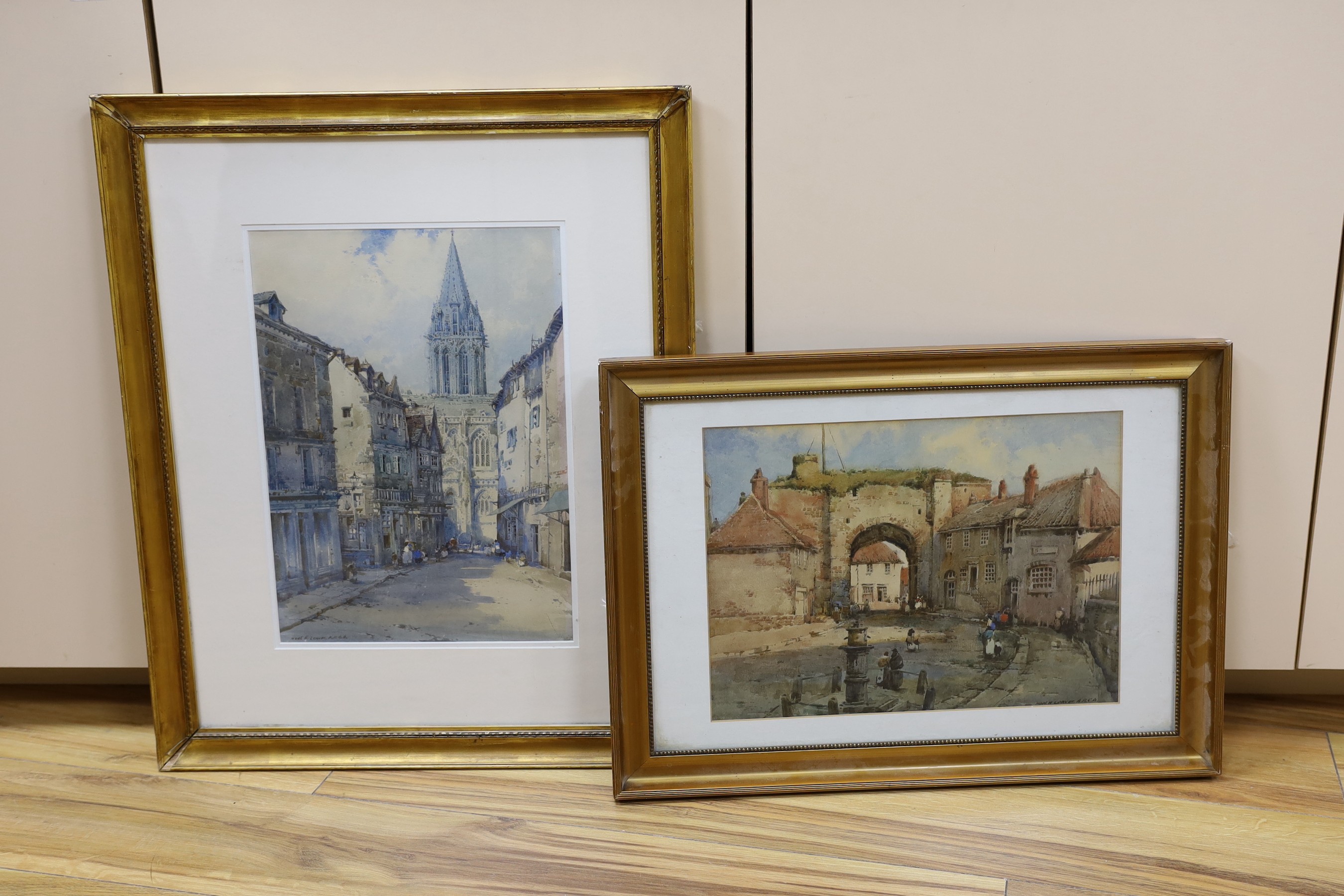 Noel Henry Leaver (1889-1951), two watercolours, 'A street scene in Normandy' and 'A street scene with archway', both signed, 37 x 27cm and 26 x 36cm